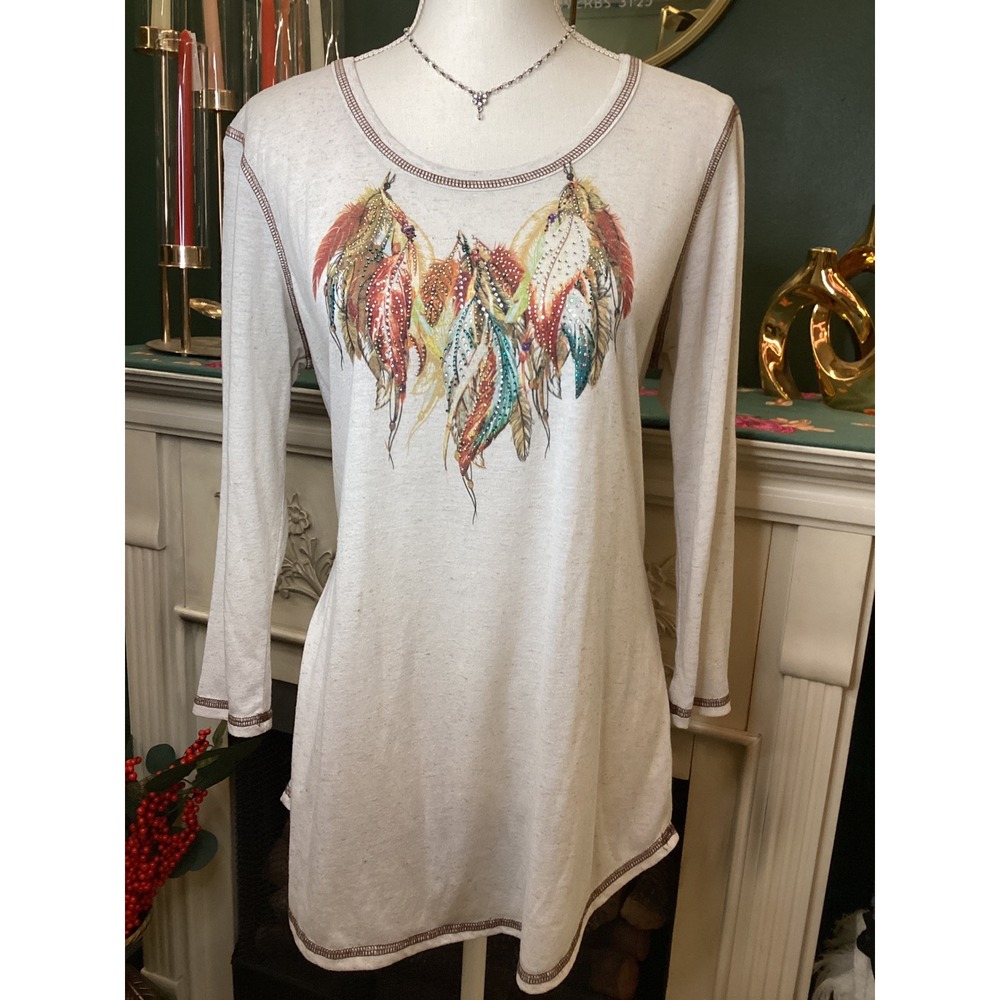 Reba Large Feather Rhinestone Embellished‎ Tunic Top Long Sleeve